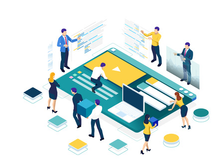 Isometric SEO analytics team concept. Contents creation specialist and article writers. Writing service, IT specialists, search engine optimization analysis.のイラスト素材