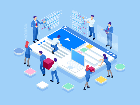Isometric SEO analytics team concept. Contents creation specialist and article writers. Writing service, IT specialists, search engine optimization analysis.のイラスト素材