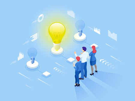 Isometric concept of Idea, business meeting and brainstorming, start up team in a meeting and creative teamworkのイラスト素材