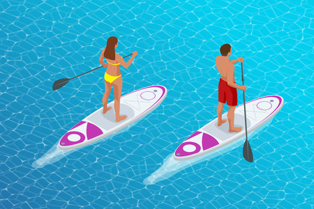 Isometric young couple practicing stand up paddleboard or SUP. The adventure of the sea with blue water on surfing. SUP Boardのイラスト素材