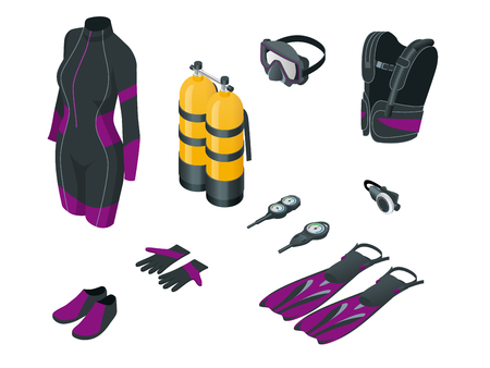Isometric Scuba gear and accessories . Equipment for diving. IDiver wetsuit, scuba mask, snorkel, fins, regulator dive icons Underwater activity diving equipment and accessories Underwater sportのイラスト素材