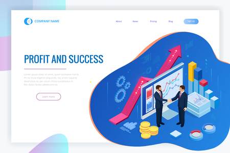Isometric Successful business collaboration. Businessmen shaking hands. B2B. Data and key performance indicators for business intelligence analyticsのイラスト素材