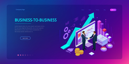 Isometric Successful business collaboration. Businessmen shaking hands. B2B. Data and key performance indicators for business intelligence analyticsのイラスト素材