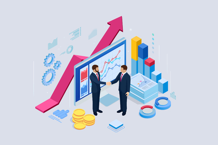 Isometric B2B sales method. Partners shaking hands. Successful entrepreneurs. Data and key performance indicators for business intelligence analyticsのイラスト素材
