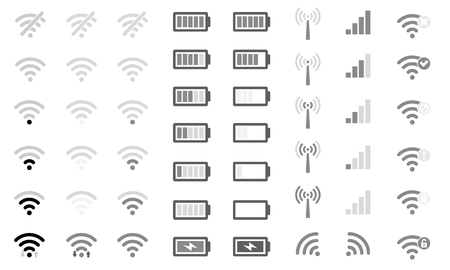 Flat Mobile phone system icons  signal strength, battery charge level and symbol sign remote access and communication radioのイラスト素材