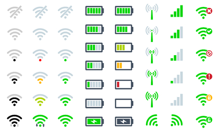 Flat Mobile phone system icons  signal strength, battery charge level and symbol sign remote access and communication radioのイラスト素材
