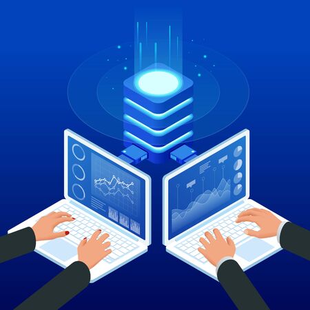 Isometric female and male hands using a laptops. Business people work chart schedule, planning financial report data methodology.のイラスト素材