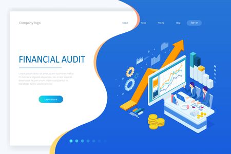 Isometric web business concept of financial administration, accounting, analysis, audit, financial report. Auditing tax process. Documents, graphics, charts, planner, calendar, report.のイラスト素材