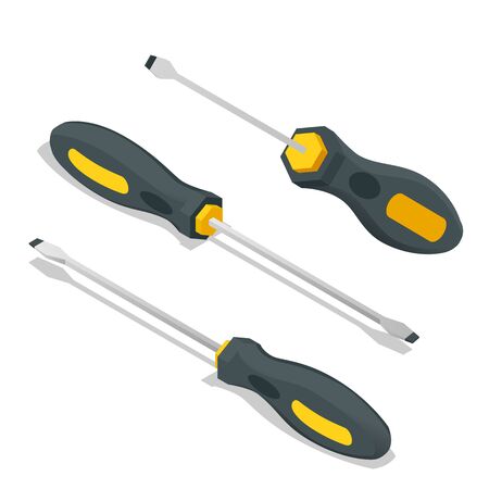 Isometric modern yellow screwdriver isolated on white background. Hand tools for repair and construction.のイラスト素材