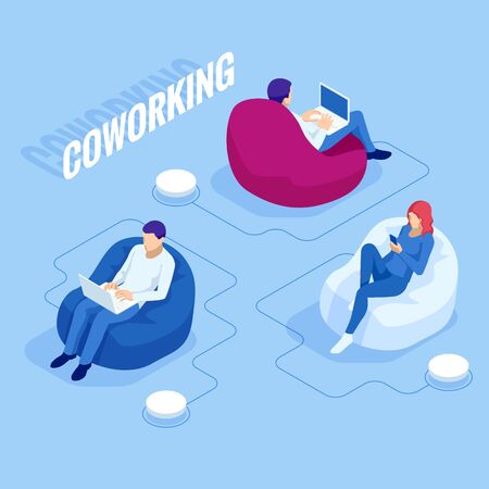 Isometric Coworking Space with creative people. Group of young businesspeople is working together with laptop, tablet, smartphone, notebook. Successful hipster team in coworking.のイラスト素材