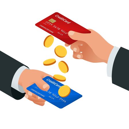 Isometric money transfer or Online money transfer concept. Credit plastic card to card money transfer.のイラスト素材