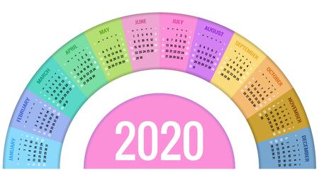 Colorful round calendar 2020 design, Print Template, Your Logo and Text. Week Starts Sunday. Portrait Orientation. 2020 Calendar of 12 Months.のイラスト素材
