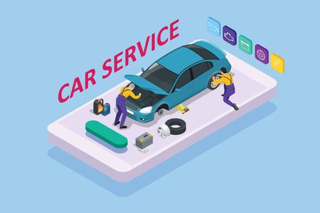 Isometric car repair maintenance autoservice center garage and car service concept. Technicians replace vehicle part, wheels.のイラスト素材