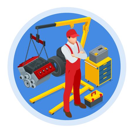 Isometric Car Maintenance Vehicles Diagnostics and Repair Service. Car service Car Engine.のイラスト素材