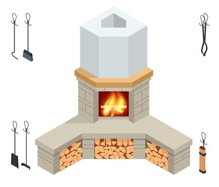 Isometric fireplace of brick, stone isolated on white.のイラスト素材