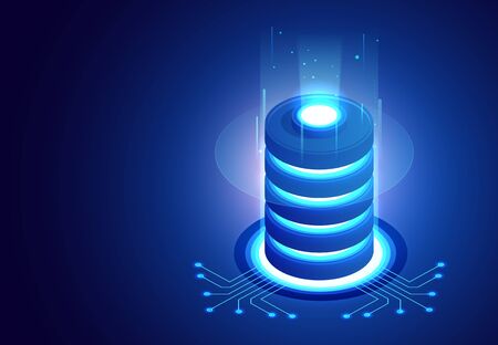 Big data storage and cloud computing technology, machine learning, artificial intelligence concept. Data center room with abstract data servers and glowing led indicatorsのイラスト素材