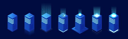 Isometric Set Server or Hardware Equipment isolated on background. Datacenter storage room objects.のイラスト素材