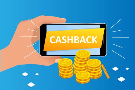 Isometric Cashback and Saving Money Concept. Money Refund. Digital Payment or Online Cashback Service. Electronic invoice.のイラスト素材