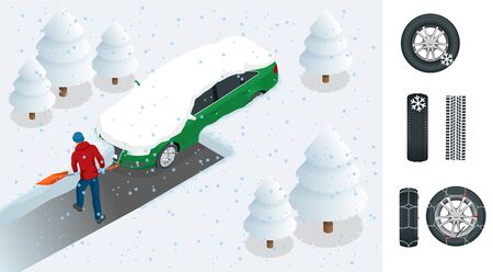 Man with shovel cleaning snow filled backyard outside his car. City after blizzard. Car covered with snow. Isometric vector illustrationのイラスト素材
