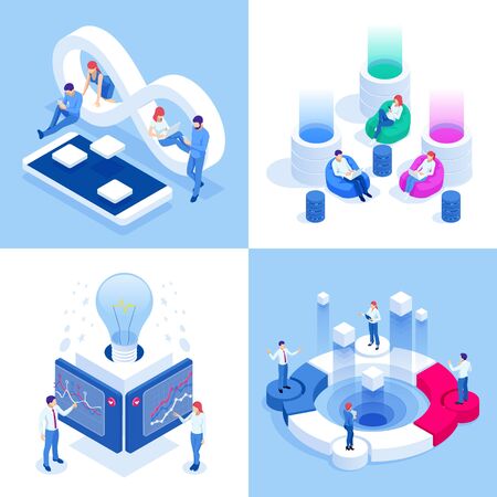 Isometric business concepts. Businessmen and business woman in different situations. Online cooperation, agreement, success, goal achievement, financing of projects, online consultation, partnership.のイラスト素材