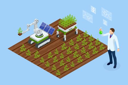 Isometric concept of laboratory exploring new methods of plant breeding and agricultural genetics. Plants growing in the test tubesのイラスト素材