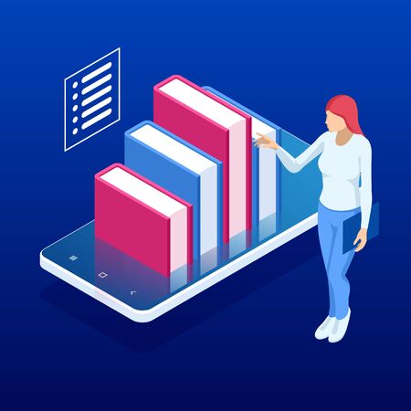 Isometric online digital library. E-book, e-learning, digital education. Young woman reading book online using smartphone.のイラスト素材