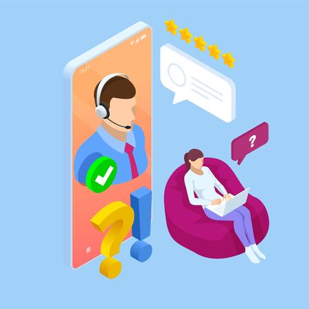 Isometric wen banner with Online supportconcept. Support service help assistance guidance. Call center agent browsingのイラスト素材