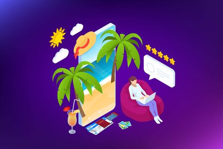 Isometric Tourism and Booking App concept. Travel equipment and luggage on a mobile laptop touch screen. Travel and tourism background.のイラスト素材