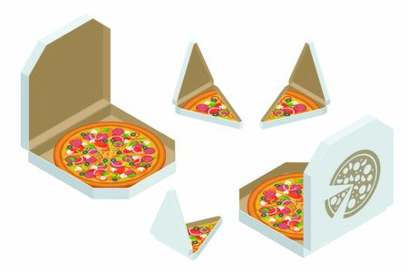 Isometric Pizza Triangle Box Slice. Slice of fresh Italian classic Pizza isolated on white background. Hot Tasty Pizza, used for design and brandingのイラスト素材