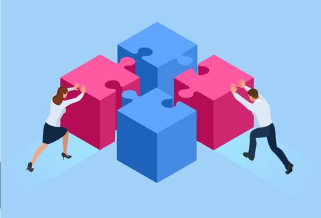 Isometric people connecting puzzle elements. Business teamwork, cooperation, partnership. Teamwork partnership metaphor. Puzzle teamwork.のイラスト素材