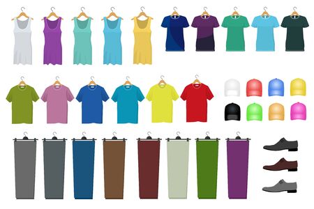 Set of male and female clothes hanging on a hanger. Flat style, illustration. Clothes and accessories fashion iconsのイラスト素材