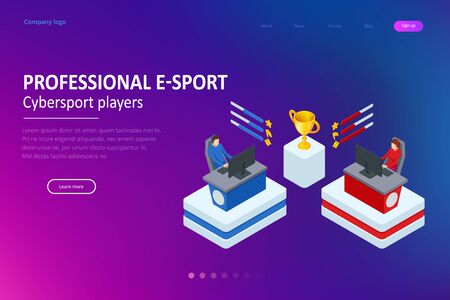Isometric Cybersports competition. Cybersport arena with gamers. Online game tournament in player vs player format. Cybersport competition with winner cup.のイラスト素材
