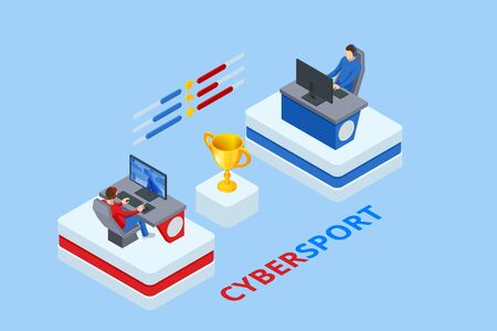 Isometric Cybersports competition. Cybersport arena with gamers. Online game tournament in player vs player format. Cybersport competition with winner cup.のイラスト素材