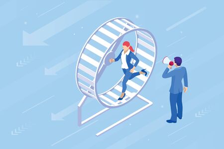 Isometric businessman running in a hamster wheel. The business as hard work, motivation and success conceptのイラスト素材