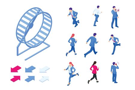 Isometric set elements of businessman running in a hamster wheel. The business as hard work, motivation and success concept.のイラスト素材