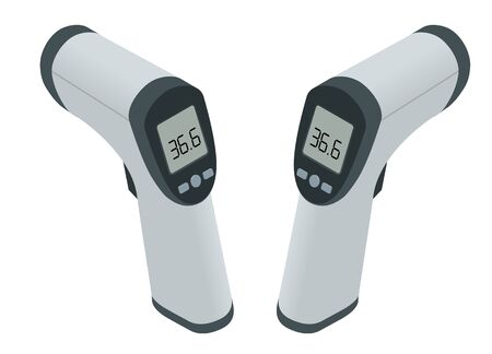Isometric Medical Digital Non-Contact Infrared Thermometer. It measures the ambient and body temperature without contact with colored warning symbolsのイラスト素材