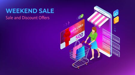 Weekend Sale and Discount Offers. Online shopping. Seasonal Sale with Discount Coupons. Isometric Smart phone online shopping concept. Online store, shopping cartのイラスト素材