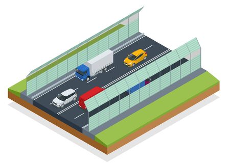 Isometric sound-absorbing tunnel isolated on white. Expressway equipped with sound-absorbing screens.のイラスト素材