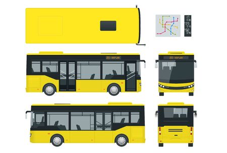 Passenger City Bus for branding identity and advertising design on transport. Blank City Bus side view, front, rear and from above. Blank City Bus template isolated on white background.のイラスト素材