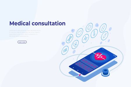 Isometric Online Medical Consultation. Health care Concept. Health Insurance, Online Prescription. Online diagnosis concept banner with characters.のイラスト素材