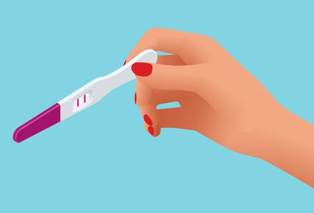 Isometric female hand is holding a pregnancy test with positive result as a two lines. Planning a baby, motherhood and healthcare.のイラスト素材