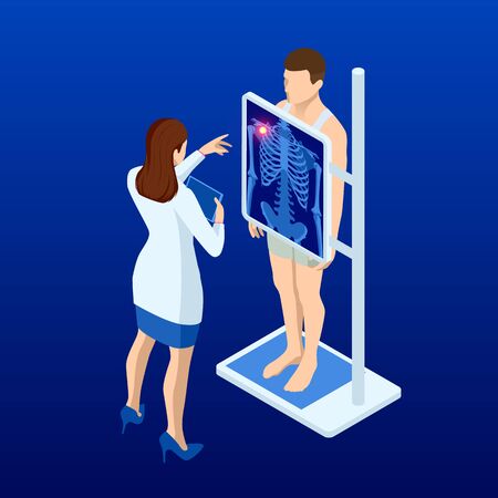 Isometric X-ray machine for scanning human body. Doctor checking examining chest x-ray film of patient. Roentgen of chest bone. Medical examination for surgery.のイラスト素材