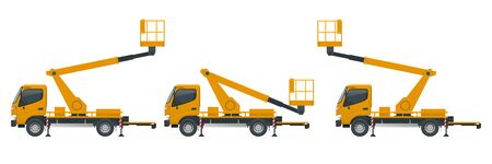 Yellow Engine Powered Scissor Lift isolated on white background. Vector illustration in a flat...