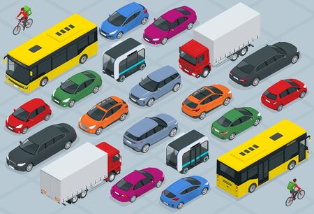 Flat 3d isometric high quality city transport car icon set. Bus, bicycle courier, Sedan, van, cargo truck, off-road, bike, mini and sport cars. Urban public and freight vehihle.