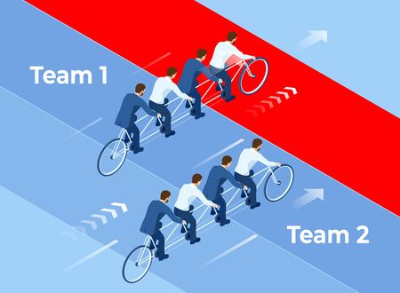 Isometric Goals Setting for Business Team. Creative Idea Teamwork Banner Concept. Business Team Riding Tandem Bicycle. Team success. Business concept illustrationのイラスト素材