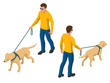 Isometric man with a dog on a leash. Man and dog walk in the park.のイラスト素材