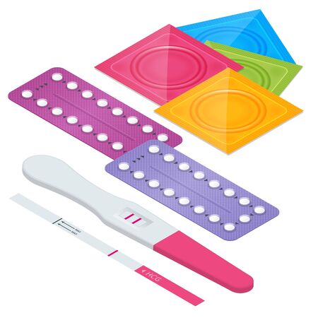 Isometric oral contraceptive pill, condoms and pregnancy test. Safe sex and birth control. Set of contraception methods.のイラスト素材