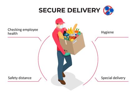 Isometric Delivery man or courier in a medical mask and gloves delivered delivering food to customer at home. Online purchases during a quarantine. Contactless or to the door delivery.のイラスト素材