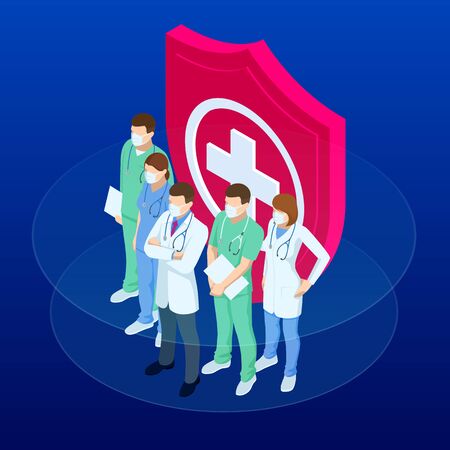 Isometric doctors and nurses in a medical mask, protecting health and life concept. Thank you doctors and nurses working in the hospitals and fighting the coronavirus.のイラスト素材