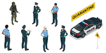 Isometric police officers in medical masks and gloves. Quarantine Control. Coronavirus Prevention. Police characters and police car.のイラスト素材